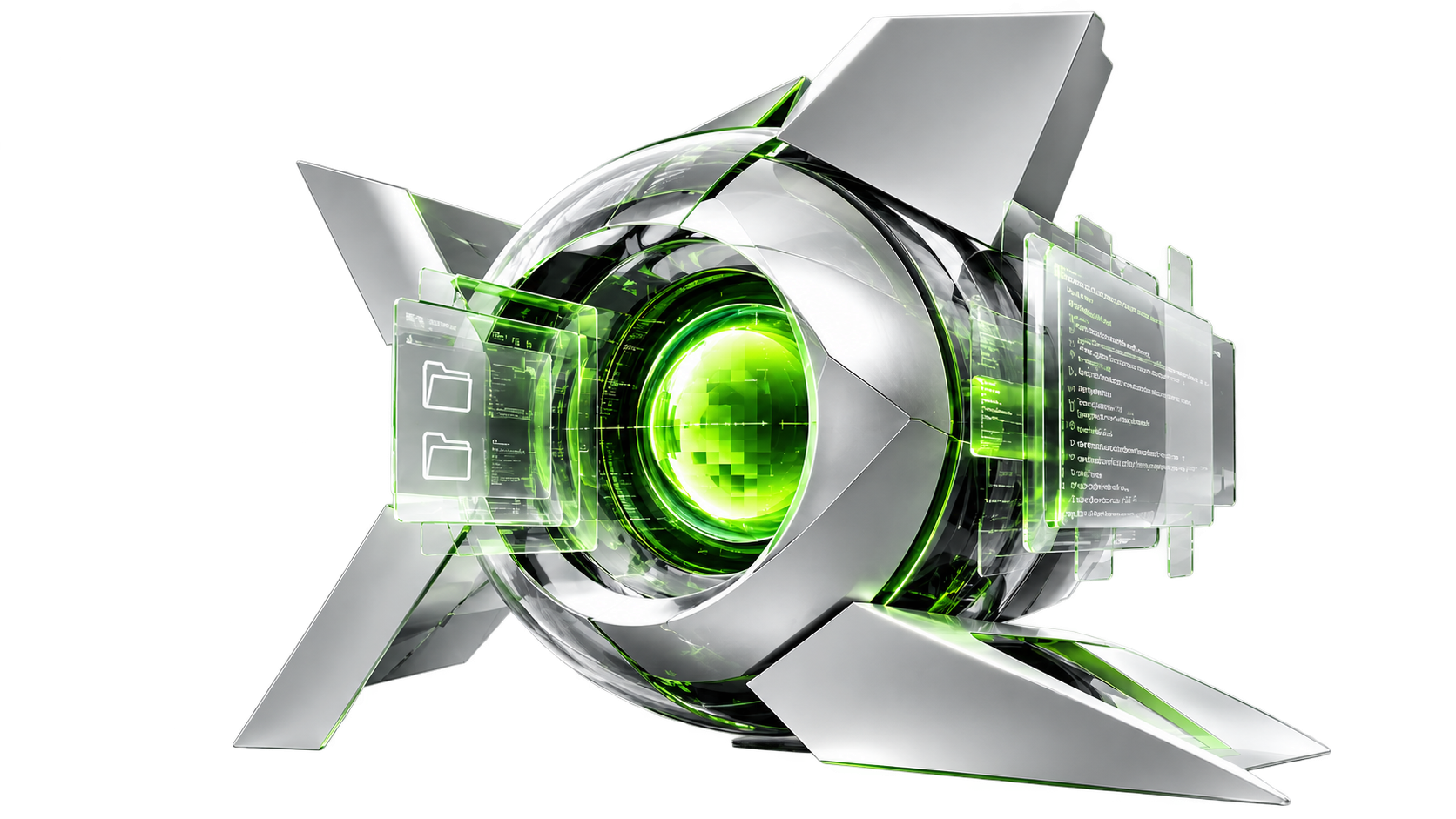 Futuristic white X-shaped Decomp 720 core with transparent folder and code screens